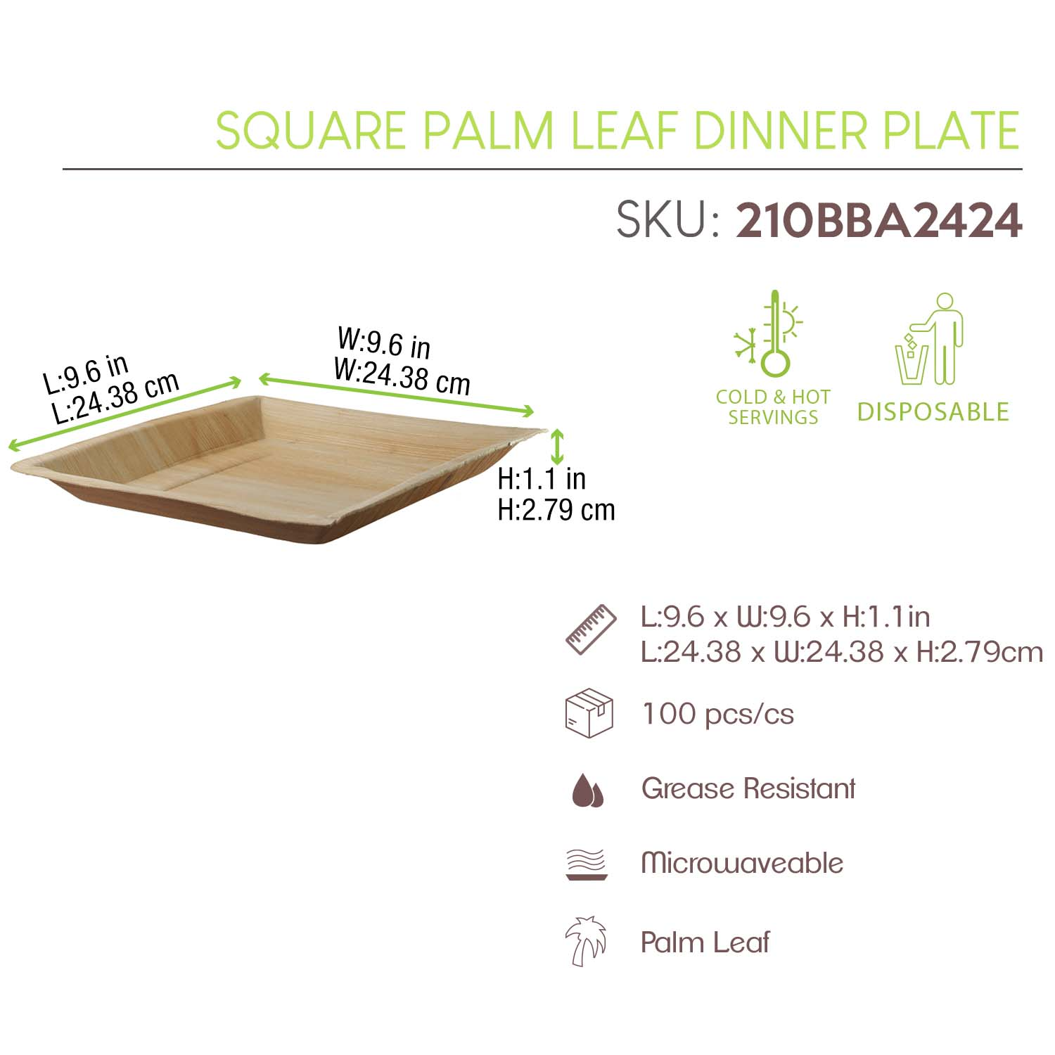 PacknWood 10-Inch Square Eco-Friendly Palm Leaf Dinner Plate for Commercial Use