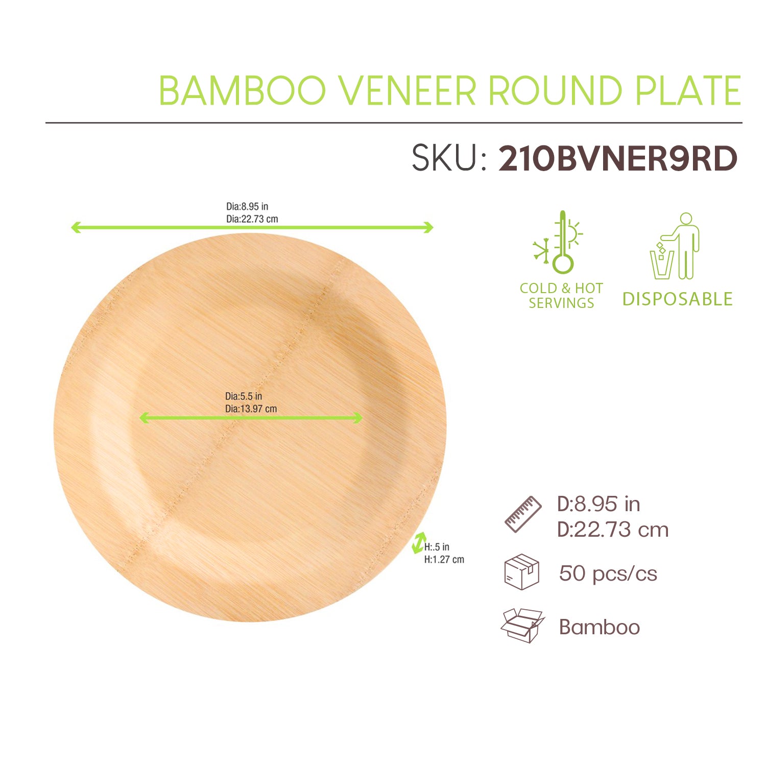 PacknWood 9-Inch Round Disposable Bamboo Veneer Plate for Foodservice