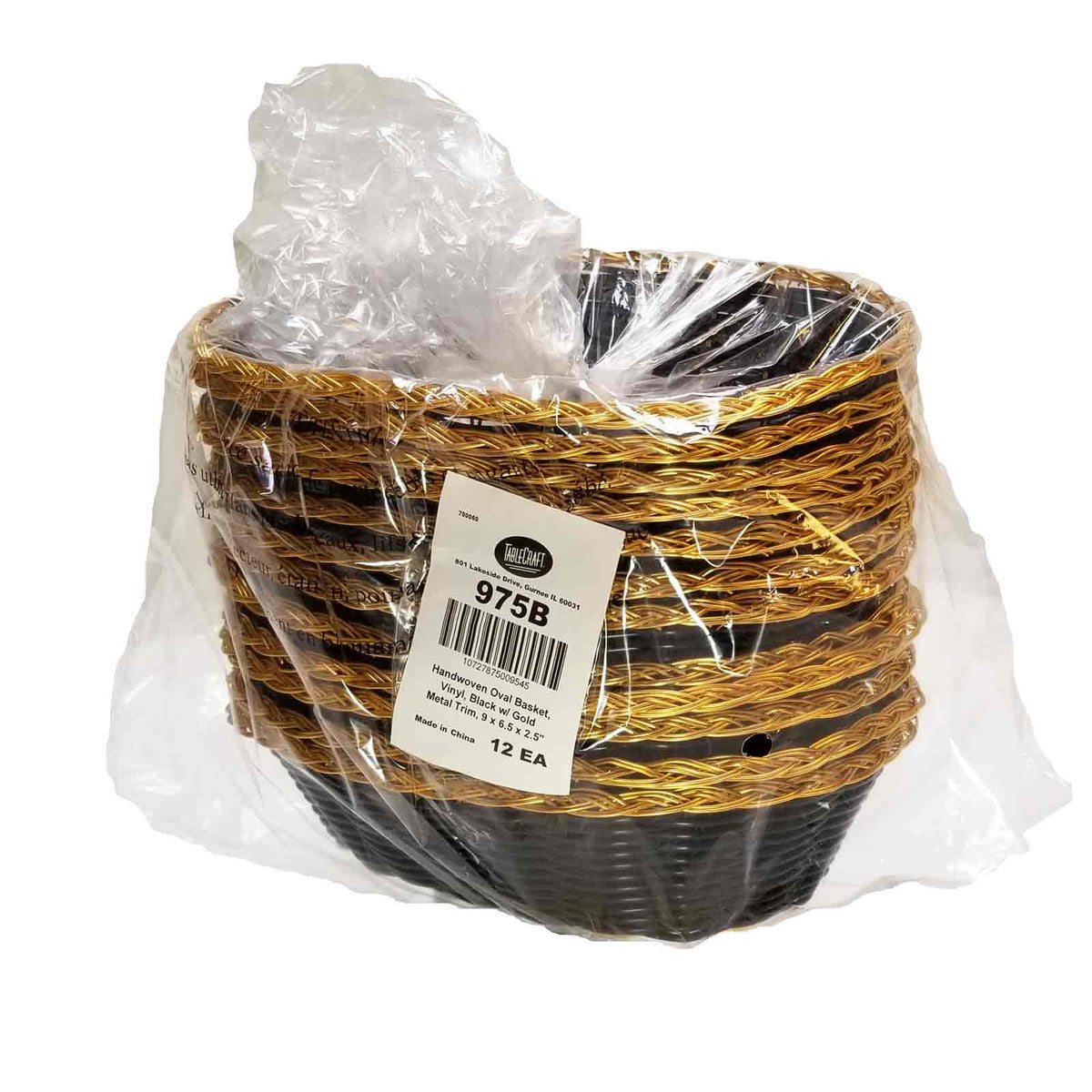 Tablecraft 975B 9-Inch Oval-Shaped Black and Gold Vinyl Serving Basket for Foodservice