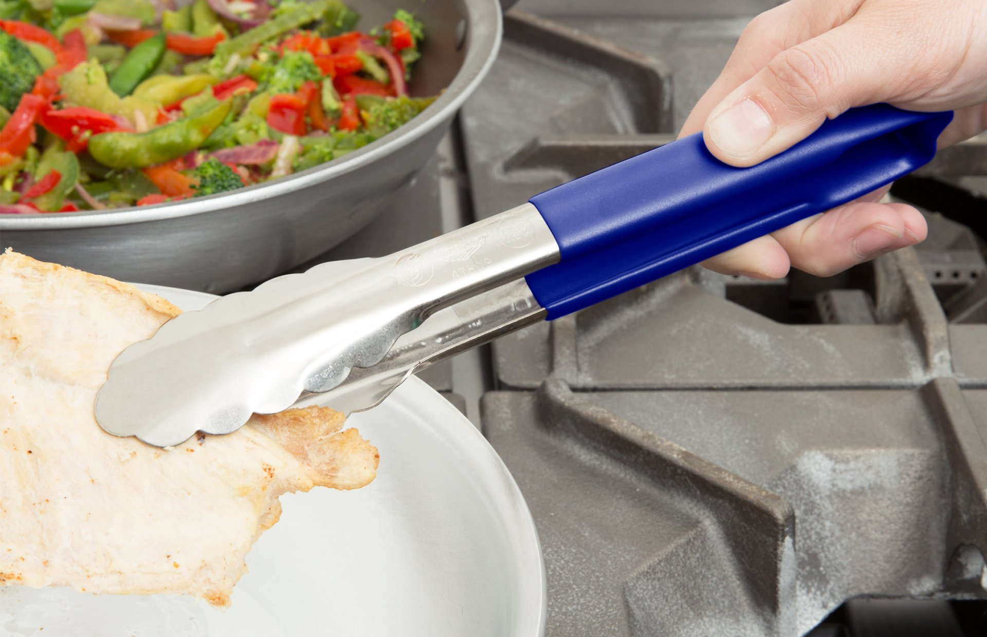 Vollrath Professional 9.5-Inch One-Piece Stainless Steel Scalloped Food Tongs with Blue Kool-Touch Heat-Resistant Handle