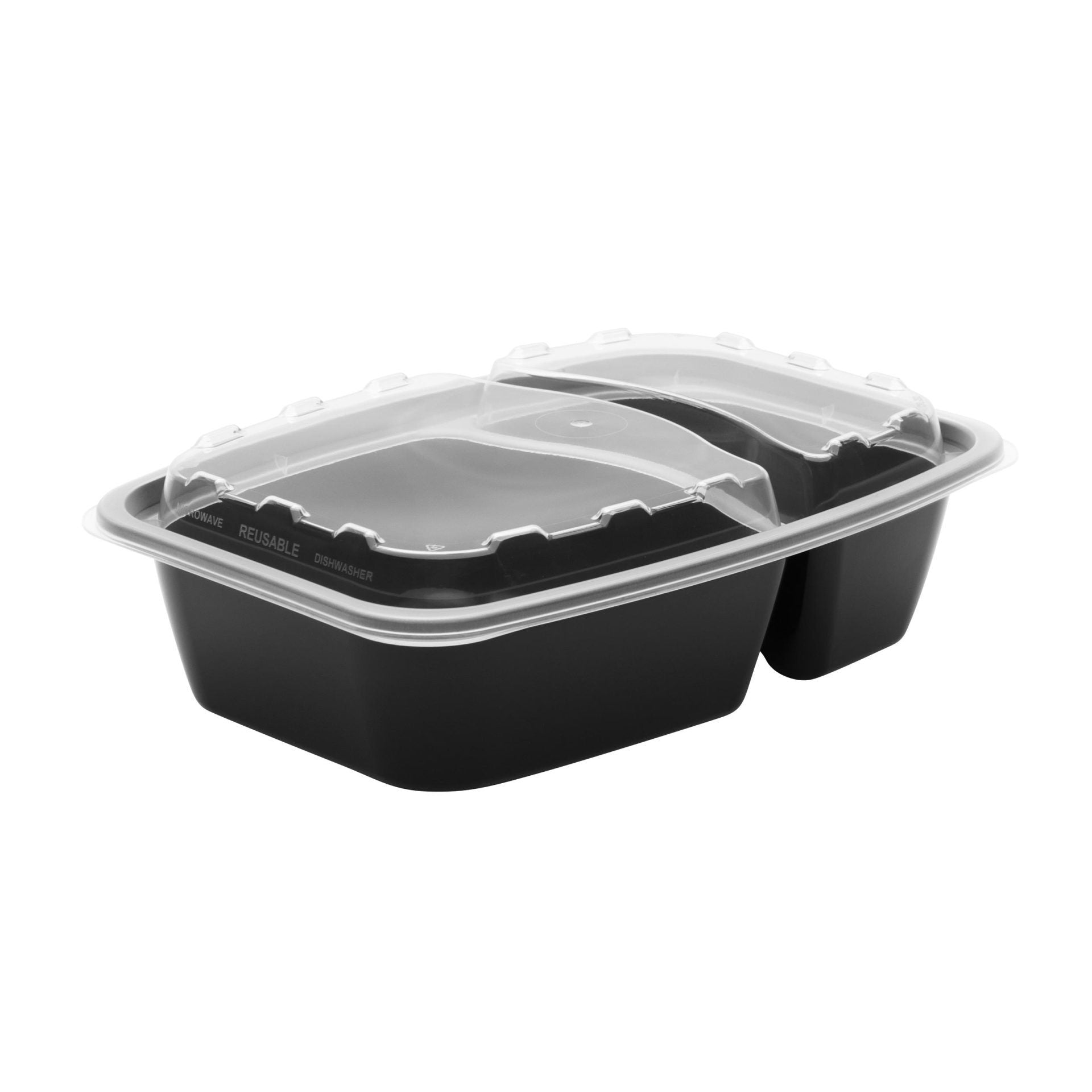 Commercial-Grade 28 Oz 2-Compartment Black Bottom Rectangle Food Storage Container with Lid, Pack of 150 - CuBE CR-M2932B
