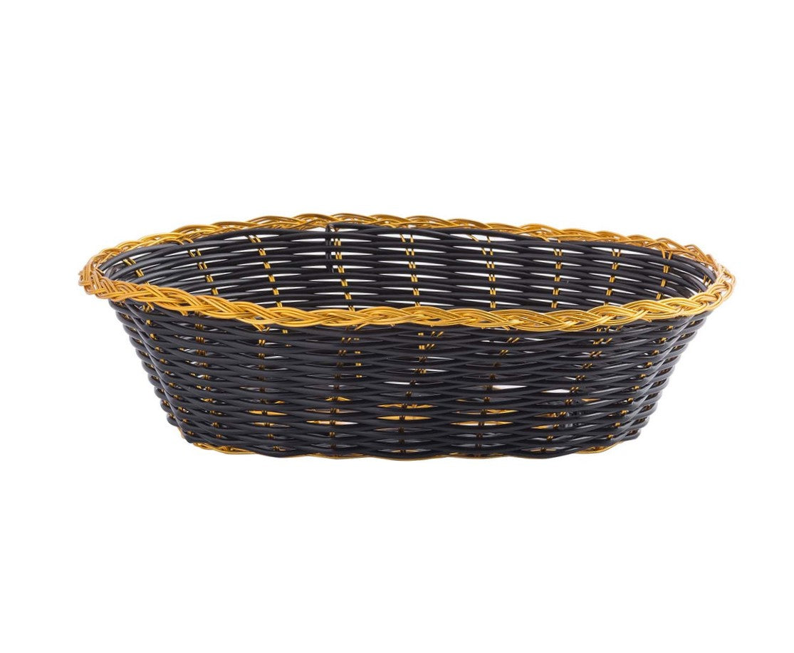 Tablecraft 975B 9-Inch Oval-Shaped Black and Gold Vinyl Serving Basket for Foodservice