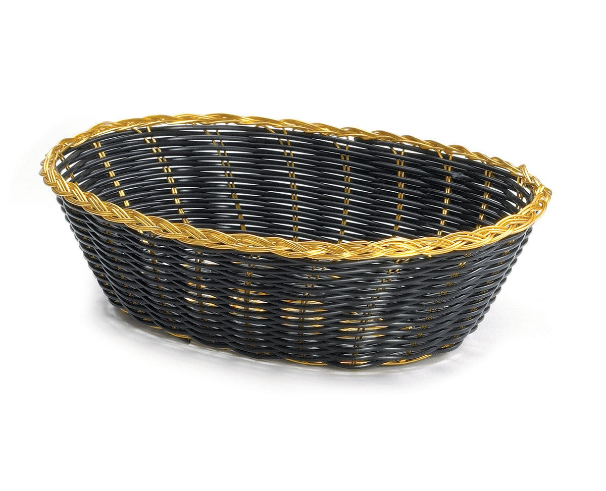 Tablecraft 975B 9-Inch Oval-Shaped Black and Gold Vinyl Serving Basket for Foodservice