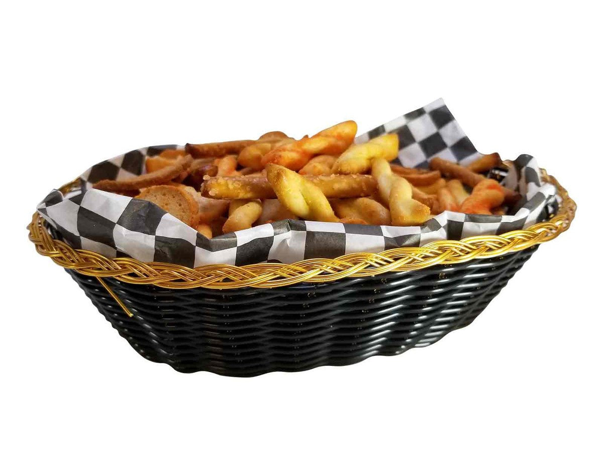 Tablecraft 975B 9-Inch Oval-Shaped Black and Gold Vinyl Serving Basket for Foodservice