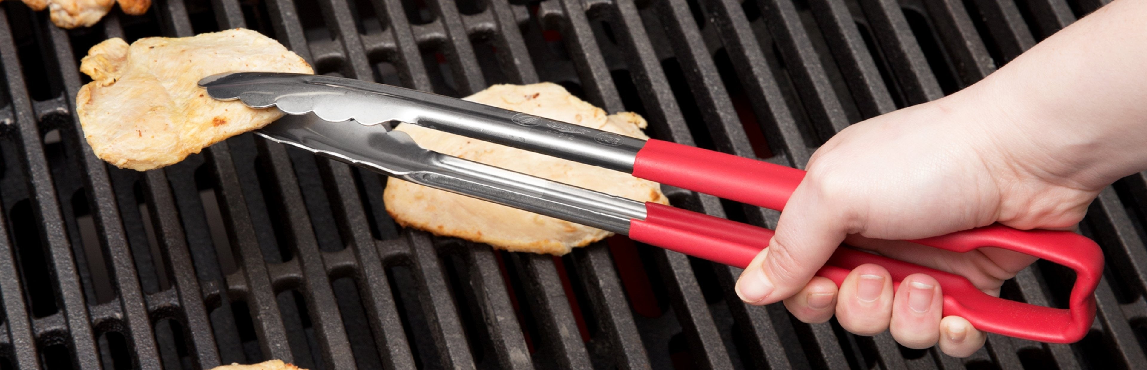 12-Inch Vollrath Stainless Steel Scalloped Tongs with Red Kool-Touch Handle