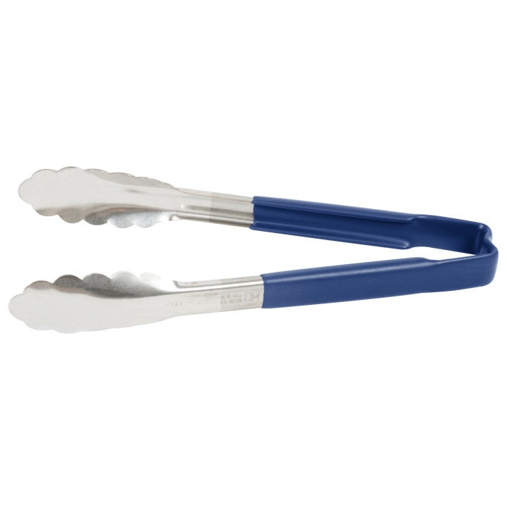 Vollrath Professional 9.5-Inch One-Piece Stainless Steel Scalloped Food Tongs with Blue Kool-Touch Heat-Resistant Handle