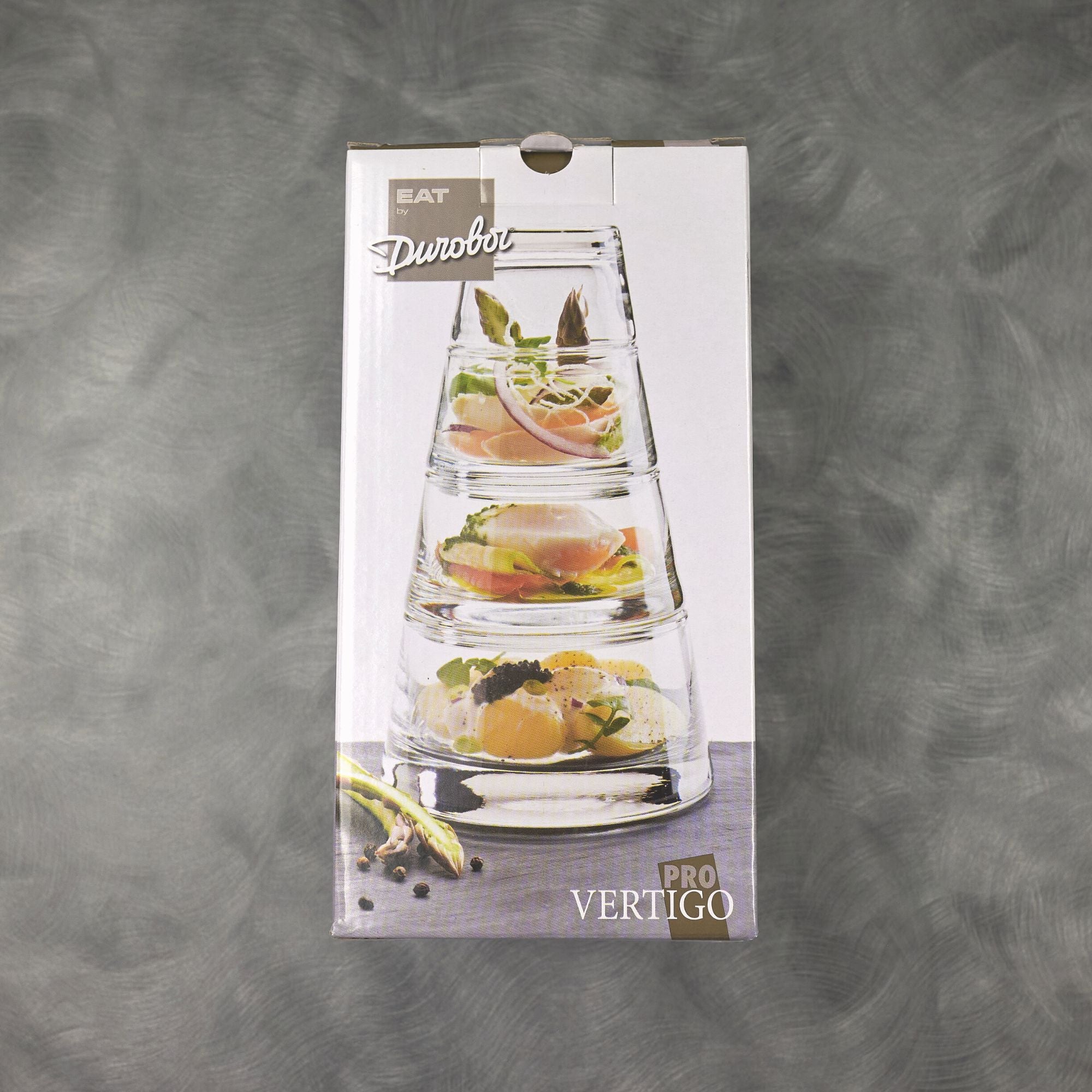 Professional and Commercial Durobor 797/82 Pro Vertigo Four-Piece Stackable Pyramid-Shaped Round Glass Bowl Set for Foodservice