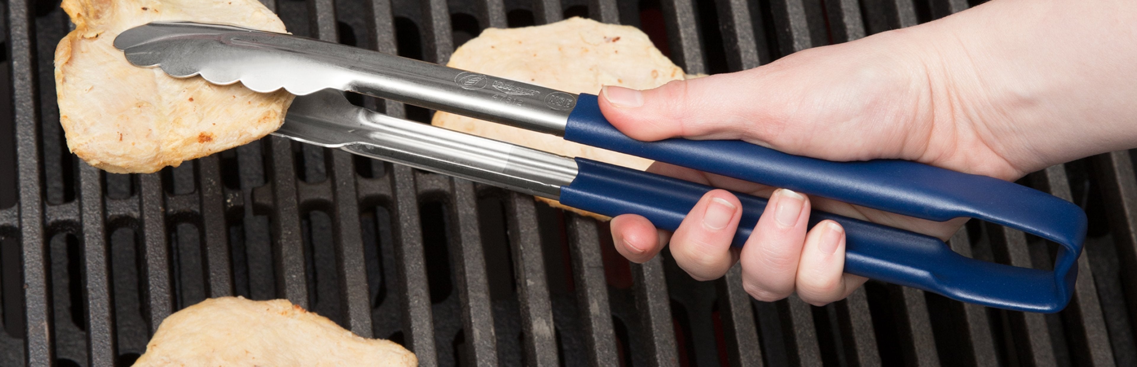 Vollrath 12-Inch Stainless Steel One-Piece Scalloped Tongs with Blue Cool-Touch Handle