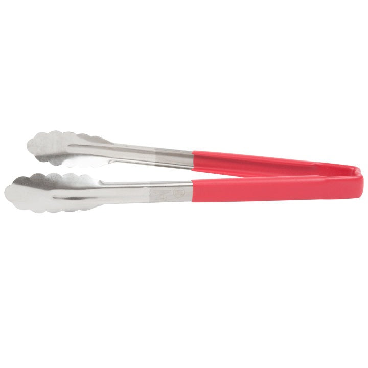 12-Inch Vollrath Stainless Steel Scalloped Tongs with Red Kool-Touch Handle