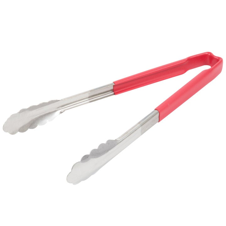 12-Inch Vollrath Stainless Steel Scalloped Tongs with Red Kool-Touch Handle