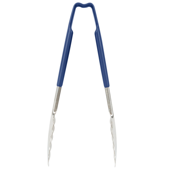 Vollrath Professional 9.5-Inch One-Piece Stainless Steel Scalloped Food Tongs with Blue Kool-Touch Heat-Resistant Handle