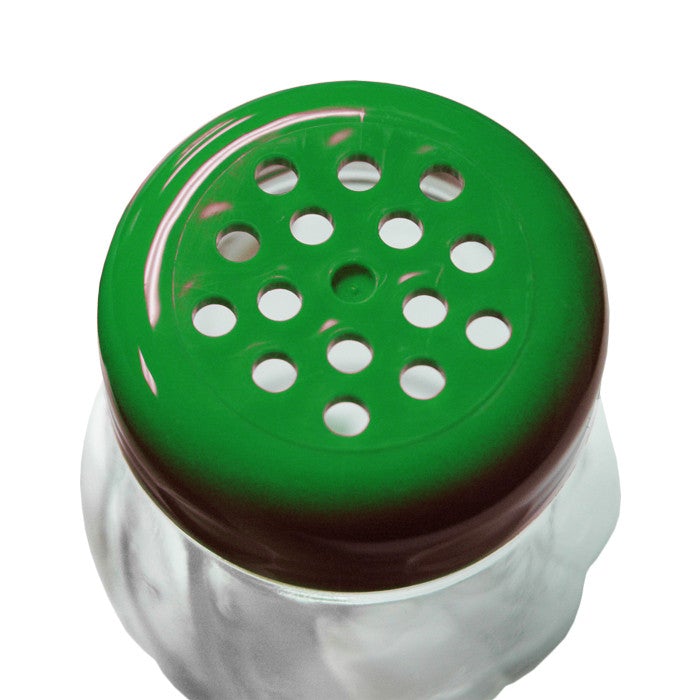 Tablecraft 6 Oz Perforated Green Plastic Top Glass Cheese Shaker