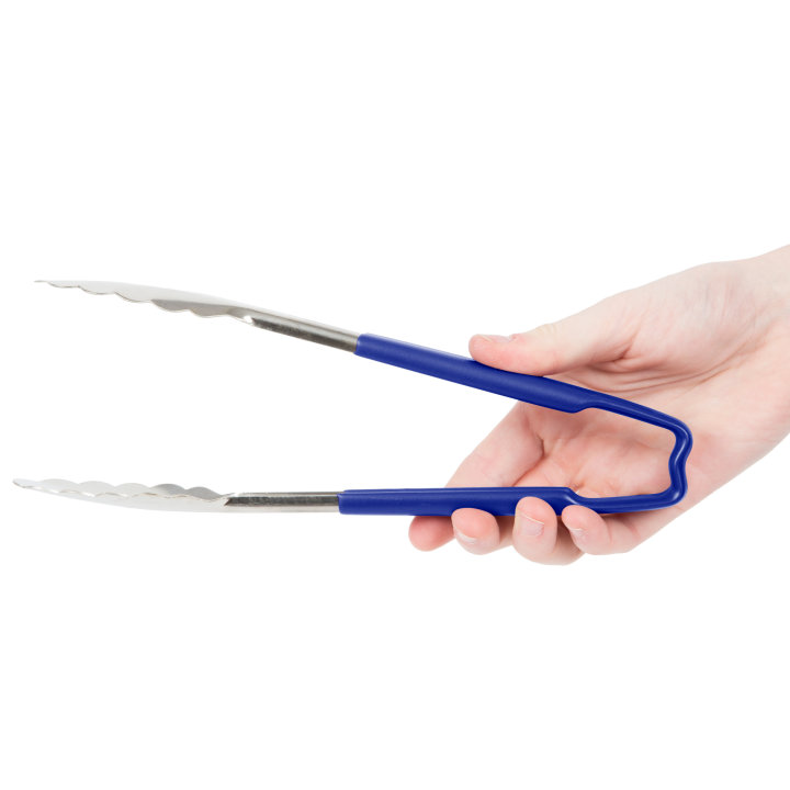Vollrath Professional 9.5-Inch One-Piece Stainless Steel Scalloped Food Tongs with Blue Kool-Touch Heat-Resistant Handle