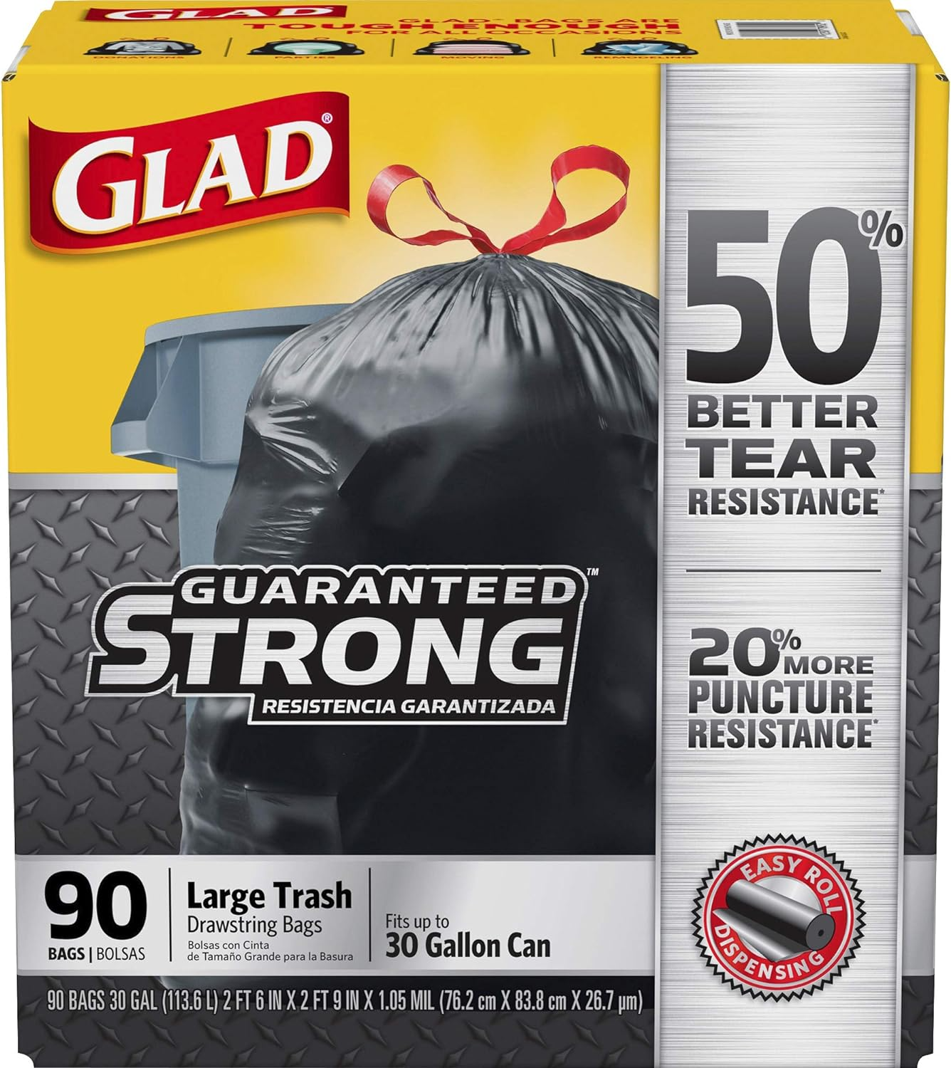 Glad 78952 Black 30 - Gallon Draw - String Trash Bags, 90 - Piece Case