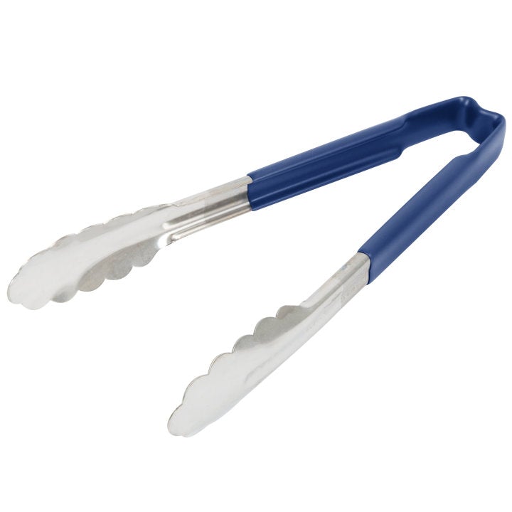 Vollrath Professional 9.5-Inch One-Piece Stainless Steel Scalloped Food Tongs with Blue Kool-Touch Heat-Resistant Handle